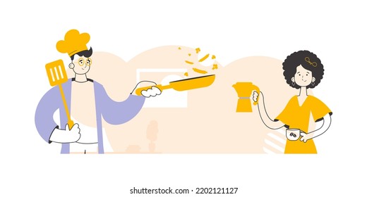 Cafe or restaurant workers. Chef and barista. Trendy linear style. Vector illustration.