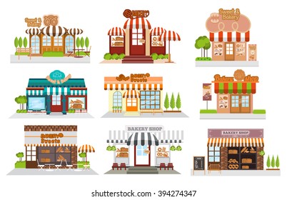 Cafe, restaurant,bakery shop, pizza cafe, coffee, Flat vector illustration stock set