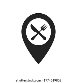 Cafe and restaurants location icon. Drop shadow map pointer silhouette symbol. Fork and spoon eatery sign inside pinpoint. Vector isolated illustration