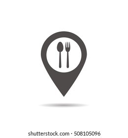 Cafe and restaurants location icon. Drop shadow map pointer silhouette symbol. Fork and spoon eatery sign inside pinpoint. Vector isolated illustration