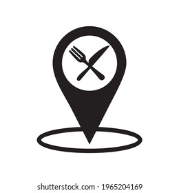 Cafe and restaurants location icon. Map pointer silhouette symbol. Fork and knife eatery sign inside pinpoint.