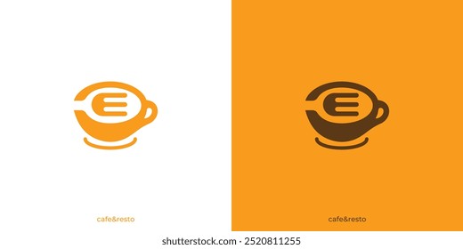 Cafe and Resto Logo Design. Coffee Cup and Spoon, Fork with Minimalist Style. Restaurant Logo, Icon, Symbol, Vector, Inspiration.