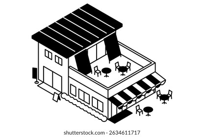 Cafe with rooftop terrace, simple black and white line drawing isometric illustration, Vector Illustration