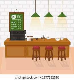 Cafe room - cozy interior with coffee machine, table and white brick wall.  Cafeteria vector