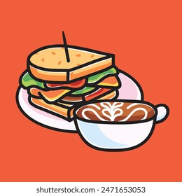 Cafe Sandwich with Latte Art Coffee Vector Cartoon Illustration. Food Icon Concept Isolated Premium Vector. Flat Cartoon Concept. Cute Doodle Cartoon Illustration Style. Suitable for Any Project	
