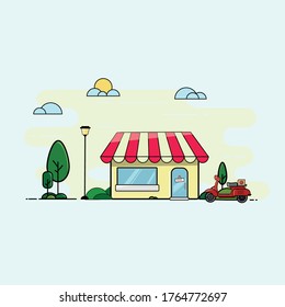 Cafe and scooter flat illustration 