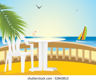 Cafe at a sea. Kind from a balcony. Vector