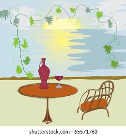 Cafe at the  sea. Sunset.