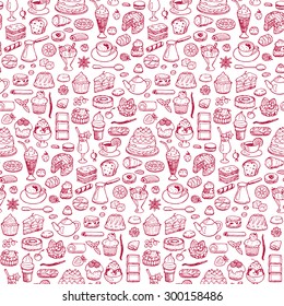 Cafe. Seamless hand drawn doodle pattern. Vector illustration for backgrounds, card, posters, banners, textile prints, cover, web design