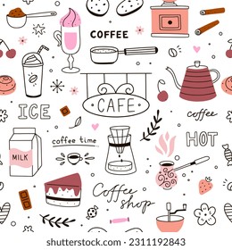 Cafe seamless pattern. Coffee vector background. Doodle coffee seamless pattern