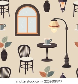 Cafe seamless pattern, outdoor city cafe, coffeehouse with wooden table, chairs and potted plants, Street drinks or snacks cafeteria, Cartoon vector illustration