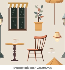 Cafe seamless pattern, outdoor city cafe, coffeehouse with wooden table, chairs and potted plants, Street drinks or snacks cafeteria, Cartoon vector illustration