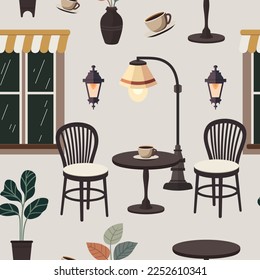 Cafe seamless pattern, outdoor city cafe, coffeehouse with wooden table, chairs and potted plants, Street drinks or snacks cafeteria, Cartoon vector illustration