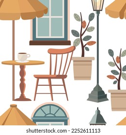 Cafe seamless pattern, outdoor city cafe, coffeehouse with wooden table, chairs and potted plants, Street drinks or snacks cafeteria, Cartoon vector illustration