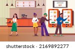 Cafe self service people. Restaurant electronic menu, food ordering, visitors use touchscreen terminal, modern digital self-service atm, paying gadget, charaters queue tidy vector concept