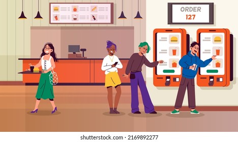 Cafe Self Service People. Restaurant Electronic Menu, Food Ordering, Visitors Use Touchscreen Terminal, Modern Digital Self-service Atm, Paying Gadget, Charaters Queue Tidy Vector Concept