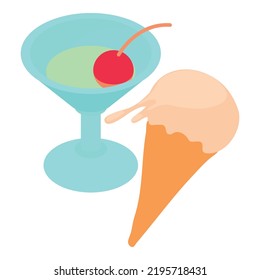 Cafe service icon isometric vector. Glass of martini, ice cream in waffle cone. Dessert, sweet food, alcoholic drink