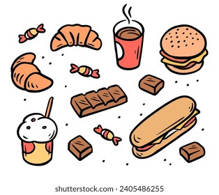 Cafe set. Coffee, chocolate, sandwich, burger and ice cream. Cartoon vector illustration collection. Sketch outline