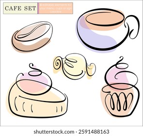 Cafe set - coffee and sweets. Black line and color