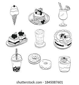 Cafe set hand drawn doodle elements. Vector illustration of sweet tooth or dessert for background, web design, elements, icon, symbol, highlight cover stories, textile print, menu, banner