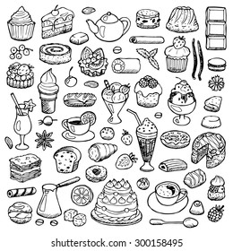 Cafe Set hand drawn doodle elements. Vector illustration for backgrounds, web design, design elements, textile prints, covers, posters, menu