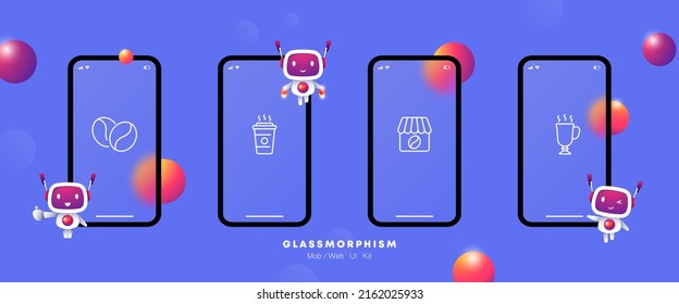 Cafe set icon. coffee beans, drink, coffee house, latte, cappuccino, americano, cup, glass, barista. Java concept. Glassmorphism. UI phone app screen. Vector line icon for Business and Advertising