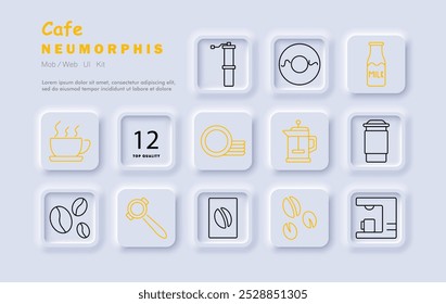 Icono de conjunto de café. Taza de café, molinillo, donut, leche, platos, prensa de café, taza para llevar, granos de café, portafiltro, máquina de café espresso, elaboración de cerveza.
