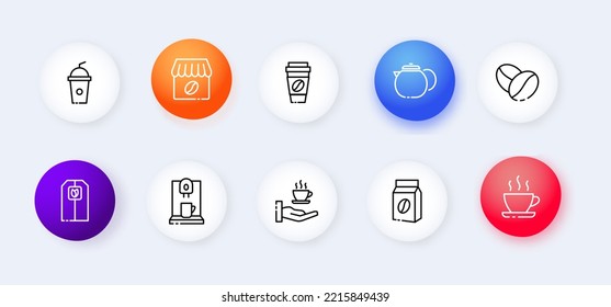 Cafe set icon. Coffee, latte, cappuccino, americano, mug, tea, tea bag, herb, coffee beans, kettle. Coffe house concept. Neomorphism style. Vector line icon for Business and Advertising