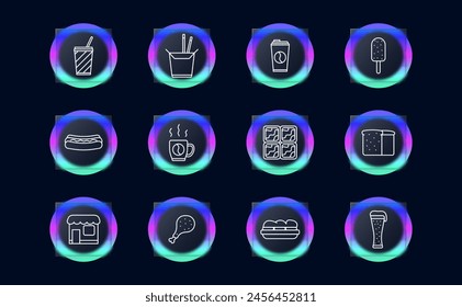 Cafe set icon. Disposable coffee cup, ramen, instant noodles, shake, bubble tea, ice cream, bread, yogurt, sausage, hot dog, beer, sandwich, sandwich, glassmorphism, cafeteria. Street food concept.