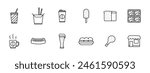 Cafe set icon. Disposable cup for coffee, ramen, instant noodles, shake, bubble tea, ice cream, bread, yogurt, sausage, hot dog, beer, sandwich, sandwich, chicken leg, cafeteria. Street food concept.