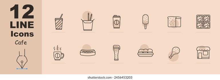 Cafe set icon. Disposable cup for coffee, ramen, instant noodles, shake, bubble tea, ice cream, bread, yogurt, sausage, hot dog, beer, sandwich, sandwich, chicken leg, cafeteria. Street food concept.