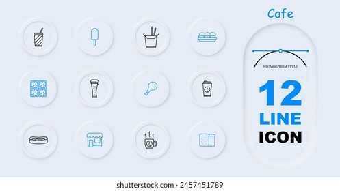 Cafe set icon. Disposable cup for coffee, ramen, instant noodles, shake, bubble tea, ice cream, bread, yogurt, sausage, hot dog, beer, sandwich, sandwich, neomorphism, cafeteria. Street food concept.