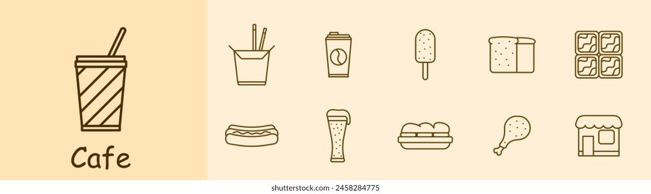 Cafe set icon. Disposable cup for coffee, ramen, instant noodles, shake, bubble tea, ice cream, bread, yogurt, sausage, hot dog, beer, sandwich, sandwich, chicken leg, cafeteria. Street food concept.