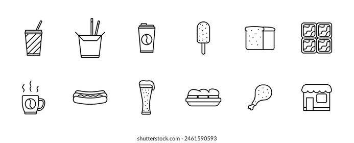 Cafe set icon. Disposable cup for coffee, ramen, instant noodles, shake, bubble tea, ice cream, bread, yogurt, sausage, hot dog, beer, sandwich, sandwich, chicken leg, cafeteria. Street food concept.