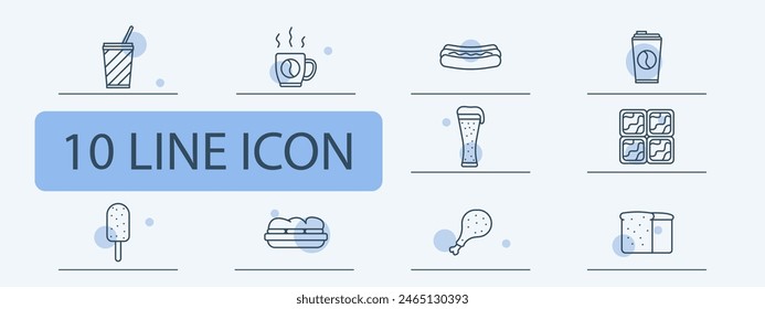 Cafe set icon. Disposable cup for coffee, ramen, instant noodles, shake, bubble tea, ice cream, bread, yogurt, sausage, hot dog, beer, sandwich, sandwich, chicken leg, cafeteria. Street food concept.