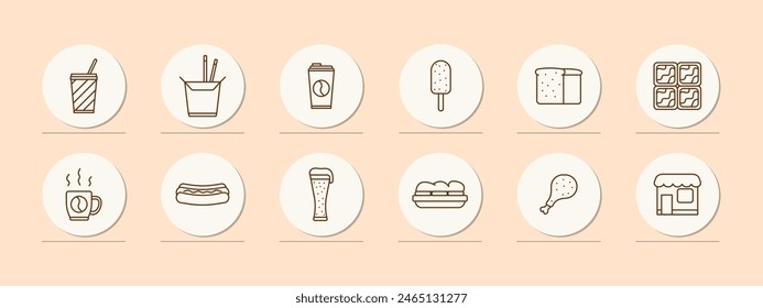 Cafe set icon. Disposable cup for coffee, ramen, instant noodles, shake, bubble tea, ice cream, bread, yogurt, sausage, hot dog, beer, sandwich, sandwich, chicken leg, cafeteria. Street food concept.