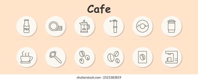 Cafe-Set-Symbol. Milchflasche, Kaffeemühle, Kaffeetasse, Kaffeemaschine, Bohnen, Donut, Geschirr, Espresso, To-Go-Tasse, Französische Presse, Brauen, Café, Getränk, Frühstück, Koffein, Heißgetränk, Mahlwerk