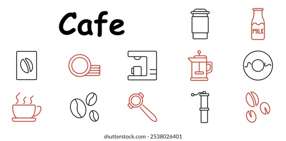 Cafe set icon. Milk bottle, stacked plates, coffee cup, portafilter, French press, coffee grinder, coffee beans, donut, coffee package, espresso machine, takeaway cup.