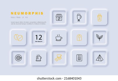 Cafe set icon. Mug, glass, coffee, latte, cappuccino, coffee grains, tea bag, care, coffee machine, tea. Hot drink concept. Neomorphism style. Vector line icon for Business and Advertising