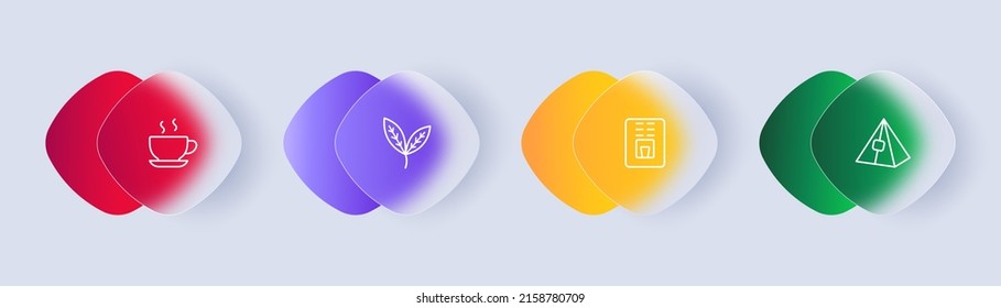 Cafe set icon. Mug, tea, coffee, coffee machine, tea bag, barista, latte, cappuccino, cocoa. Hot drink concept. Glassmorphism style. Vector line icon for Business and Advertising