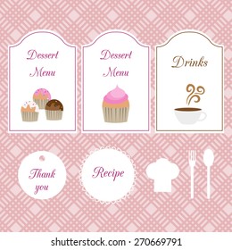 Cafe set on seamless background. Dessert and drink menu, thank you label, chef hat and spoon, fork.