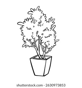 Cafe set, table with chairs, lantern, plant line vector illustration