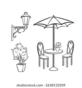 Cafe set, table with chairs, lantern, plant line vector illustration
