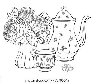 Cafe Set - tea, cup, teapot, Ranunculus flowers in a vase. Cartoon, isolated, background, black brush. For menu, invitation card, design. Vector sketch.