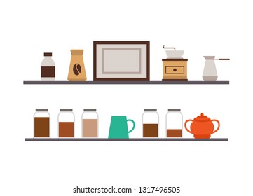 Cafe shelves, coffee and tea, grinder and turk, sugar vector. Bottles and jars or packs, empty frame, bar or cafeteria interior design element, drinks
