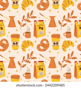 Cafe, shop, bakery seamless vector patterns set with coffee plant, pretzel, coffee cup, croissant, espresso mug. Collection of dark and light patterns with food elements illustration for menu design

