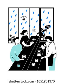 Cafe shop. Barista man making and serves coffee to his customer while standing at bar counter. People sitting and relaxing to drink enjoy free time in a coffee shop in raining day. Vector illustration