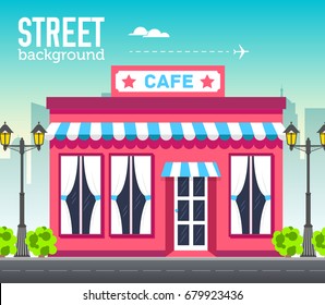 cafe shop building in city space with road on flat syle background concept. Vector illustration design
