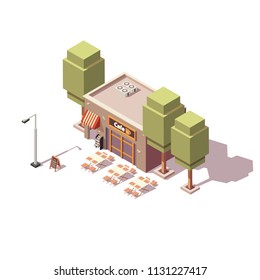 Cafe shop building with signboard and outdoor tables. Isometric 3d vector illustration on isolate background.