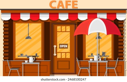 Cafe shop exterior. Street restraunt building. Vector illustration in flat style